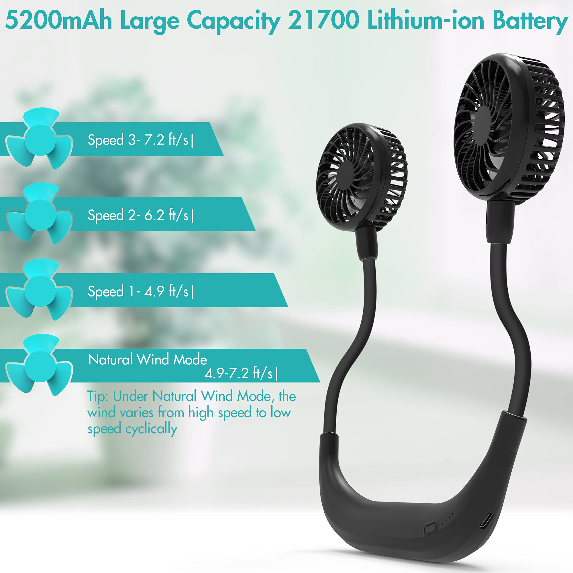 COMLIFE Portable Neck Fan, 5000mAh Rechargeable Battery Powered, 3 Speeds, 360°Adjustable, Double Cooling, Hands-Free Personal Wearable USB Neckband Fan for Home Office Outdoor Travel Sports