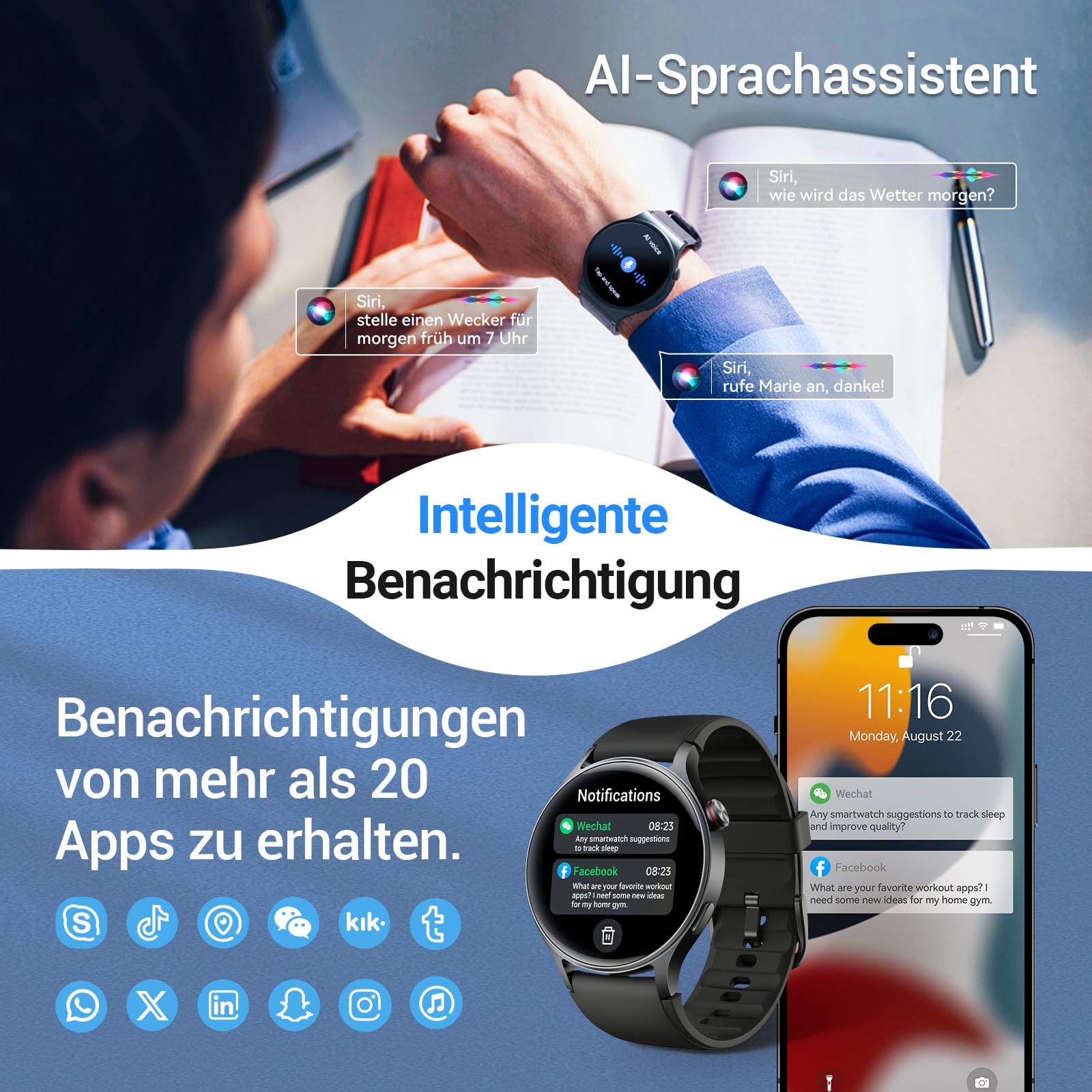Smartwatch Herren Rund mit Telefonfunktion- 1.32" AMOLED Display, Fitnessuhr mit 110+ Sportmodi &3ATM, Uhren Damen Herren für iOS/Android Schrittzähler mit Pulsmesser/ SpO2/ Schlafmonitor- Schawrz 3