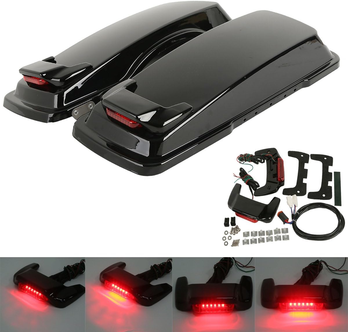 XMTMOTO Vivid Black Hard Saddlebag Lid LED Spoiler Kit Fit