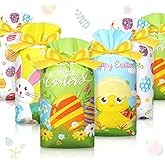 Wesnoy 48 Pcs Happy Easter Gift Bags Easter Drawstring Bags Favor Pouches Bunny Plastic Gift Pouches for Religious Spring Egg Hunt Birthday Party Supply (cute, 5.9 x 9.1 Inch)