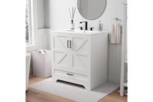 DOOMOOK 30" Farmhouse Bathroom Vanity with Ceramic Sink, Floor Standing Single Basin Vanity Set, Bathroom Cabinet with Drawer 2 Soft Closing Doors and Metal Handle, White
