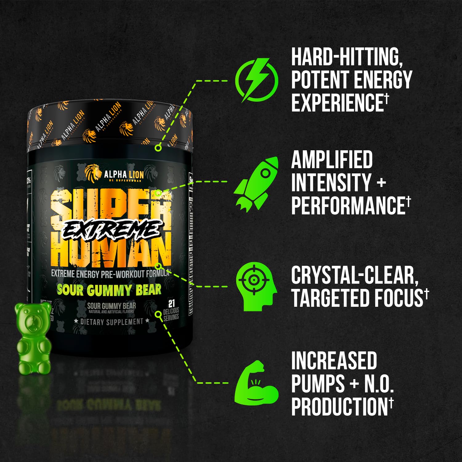 ALPHA LION Superhuman Extreme High Stim Pre Workout Powder, Beta Alanine, L-Taurine & 356mg Tri-Source Caffeine for Sustained Energy, Nitric Oxide & Citrulline for Pump (21 Servings, Sour Gummy Bear)