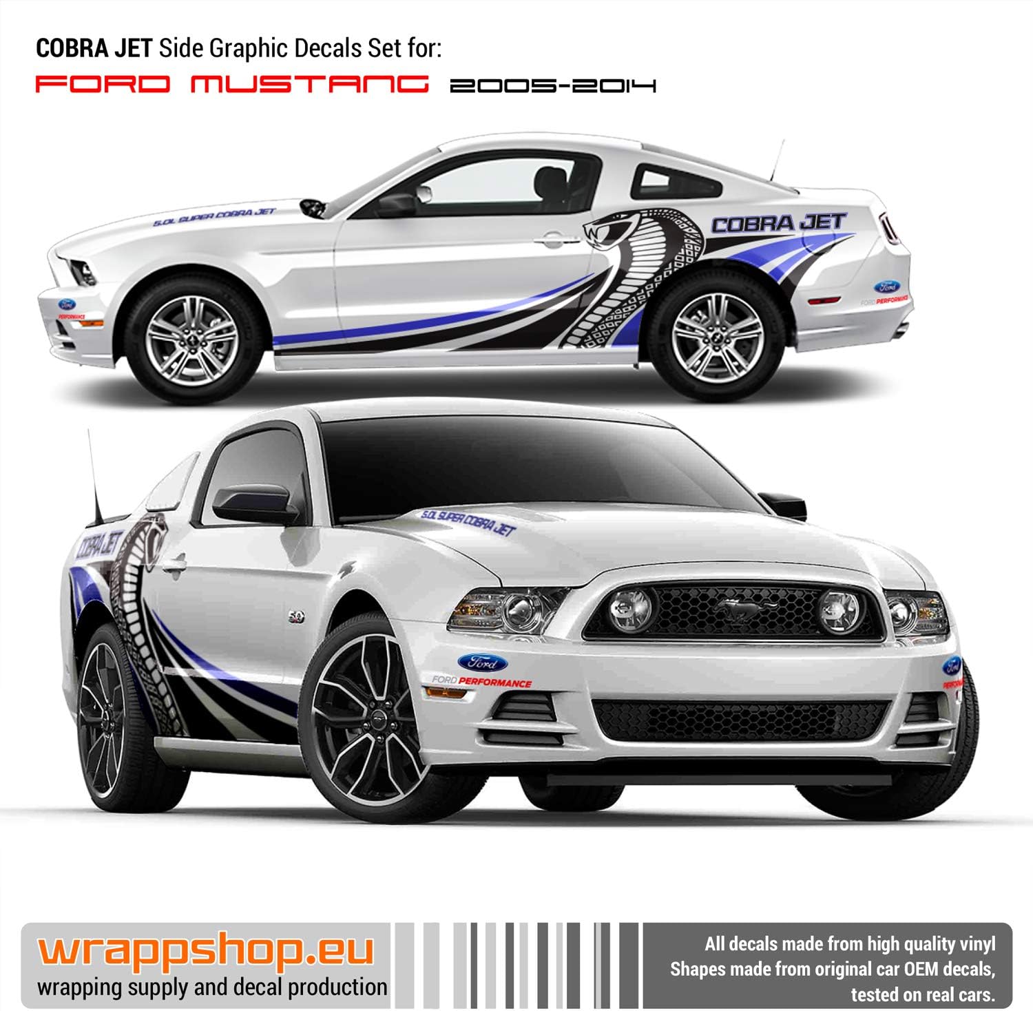 wrappshop Cobra Jet design decals for Ford Mustang in Blue/Black