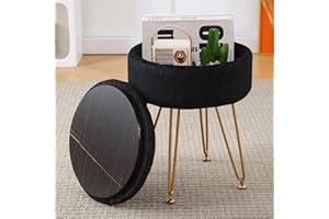 Cpintltr Modern Velvet Foot Rest Stool Upholstered Round Storage Ottomans Multipurpose Dressing Stools Luxury Home Decor Ottoman Coffee Table Top Cover Footstool with Metal Legs for Couch Black