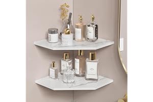 GREATSEAS Floating Shelves for Bathroom Corner, Set of 2 Corner Shelf Wall Mount with Wire Hole for Speaker, Baby Monitor, Hanging Decorative Shelf Organizer for Living Room Kitchen, Wood Marble White
