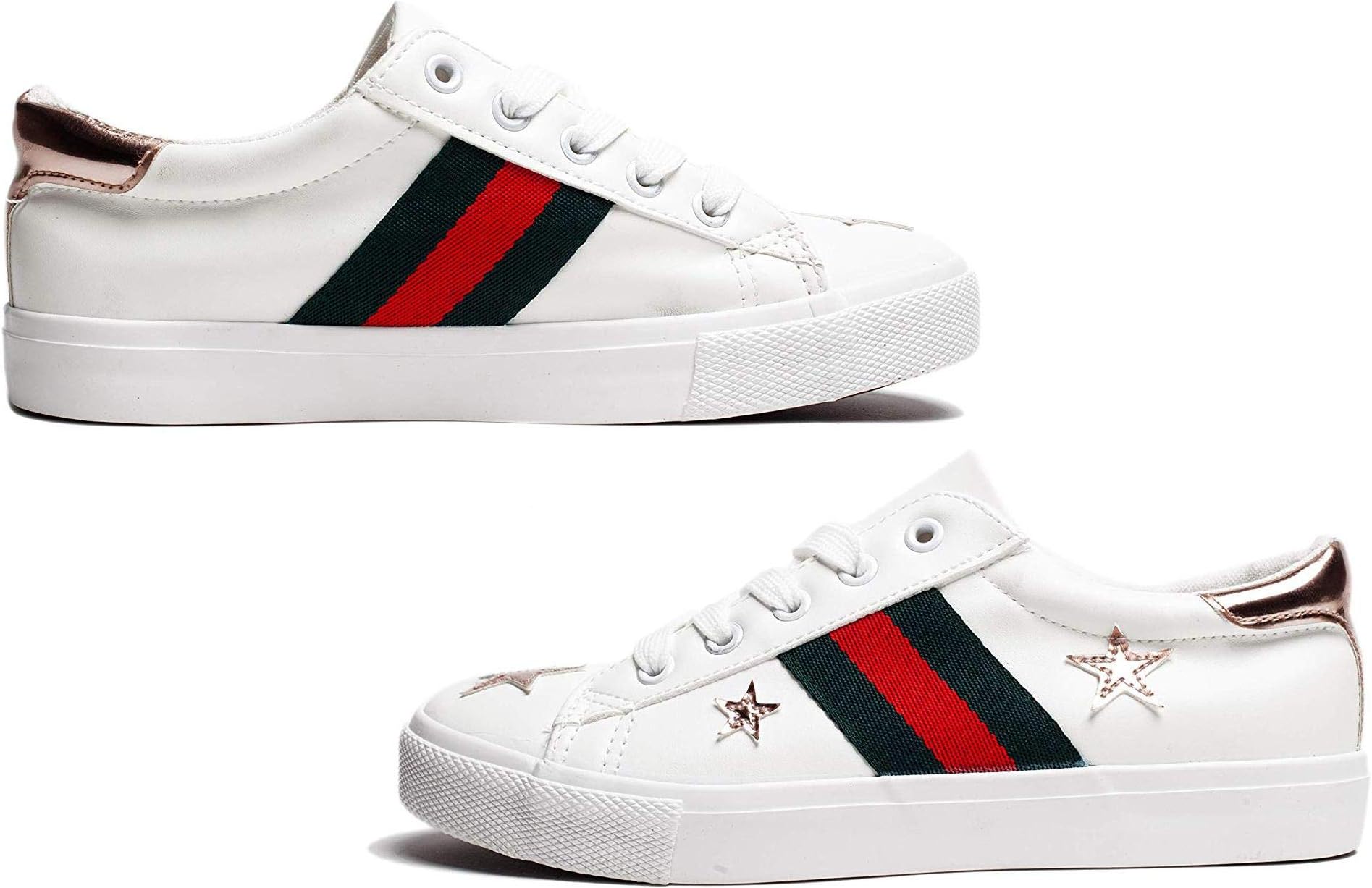 Susan 18 Stripe Glitter and Metallic Star Lace-Up Fashion Sneakers for Women 8, White