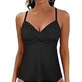 Firpearl Women's Underwire Tankini Top Only Twist V Neck Swimsuits for Big Busted Loose Fit Bathing Suit Tops