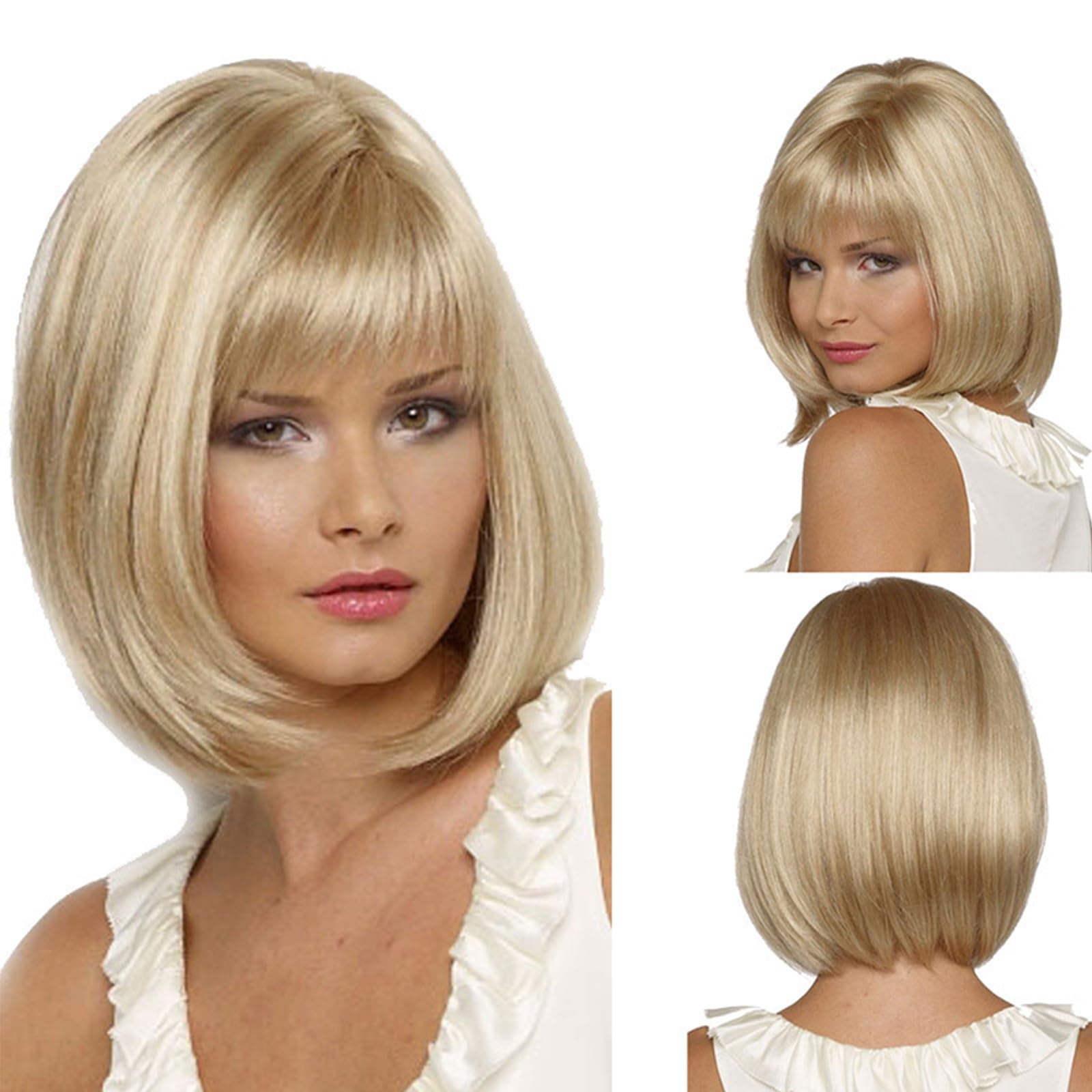 YuanYouTong Short Blonde Wigs for Women, Blonde Bob Wig with Bangs, Ladies Straight Synthetic Wig, Natural Looking, for Daily Party Halloween Fancy Dress Accessory Costume Cosplay Use