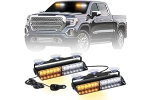 AINBIN 2x 9 inch Dash Emergency Strobe Lights 24 LED Amber White Safety Flashing Warning Hazard Security Lights Interior Front/Rear Windshield Lights w/Suction Cups for Construction Vehicles Trucks