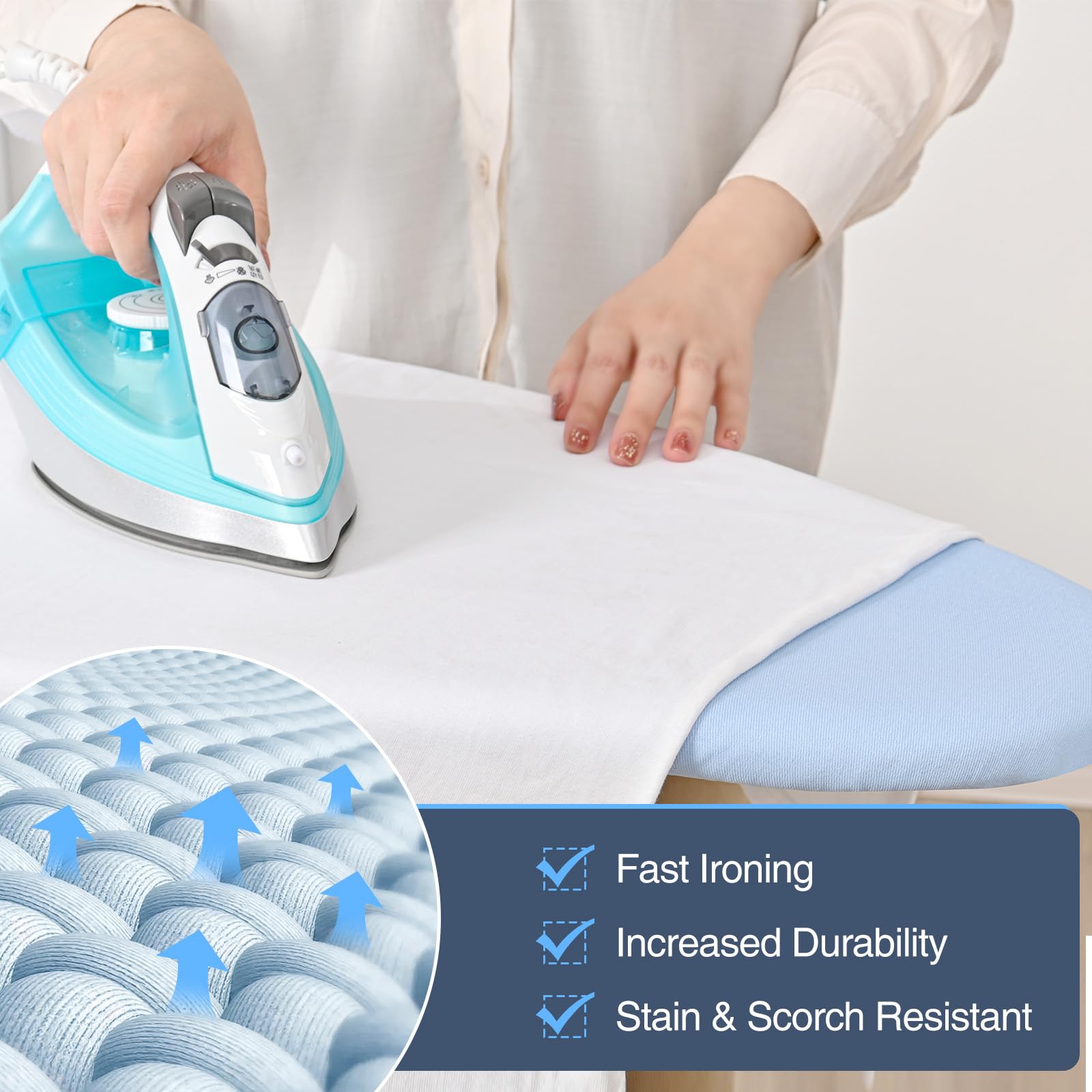 APEXCHASER Full Size Ironing Board,15x45 Metal Panel Iron Board with Iron Rest, Heat & Scorch Resistant Cover, Adjustable Height Heavy Duty Ironing Board with Germent Rack, for Home, Dorm, Ligh Blue