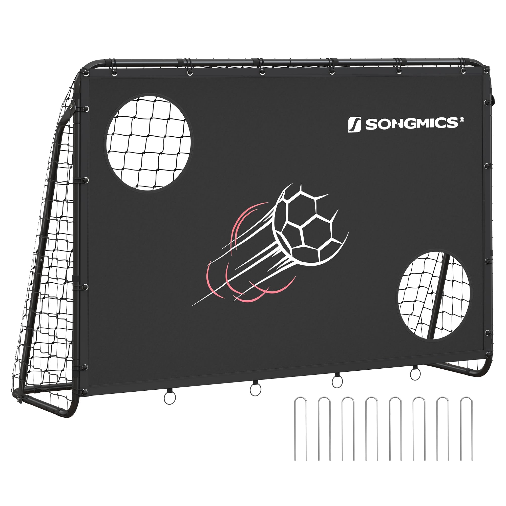 SONGMICS Fußballtor, mit Torwand, für alle Altersgruppen, Stahlrohre, PE-Netz, Outdoor, Garten, Strand, ‎215 x 76 x 150 cm, 2 Zielöffnungen mit Zählfunktion, schwarz SZQ215B02