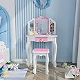 JOYMOR Kids Vanity Set, Wooden Princess Makeup Table with Stool, Tri-Folding Mirror, Large Drawer, Solid Wooden Legs Pretend Beauty Make Up Dressing Play Set for Girls Best Gift (Pink)