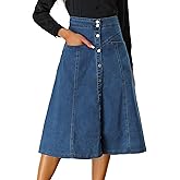 Allegra K Womens' Denim Skirt High Waist Button Front A-Line Casual Summer Midi Jean Skirts with Pockets
