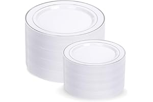 I00000 200 Pcs Silver Plastic Plates - Disposable Party Plates, Silver Plates Disposable Include 100 Dinner Plates and 100 Elegant Dessert Plates, Plastic Plates for Party, Holiday & Wedding