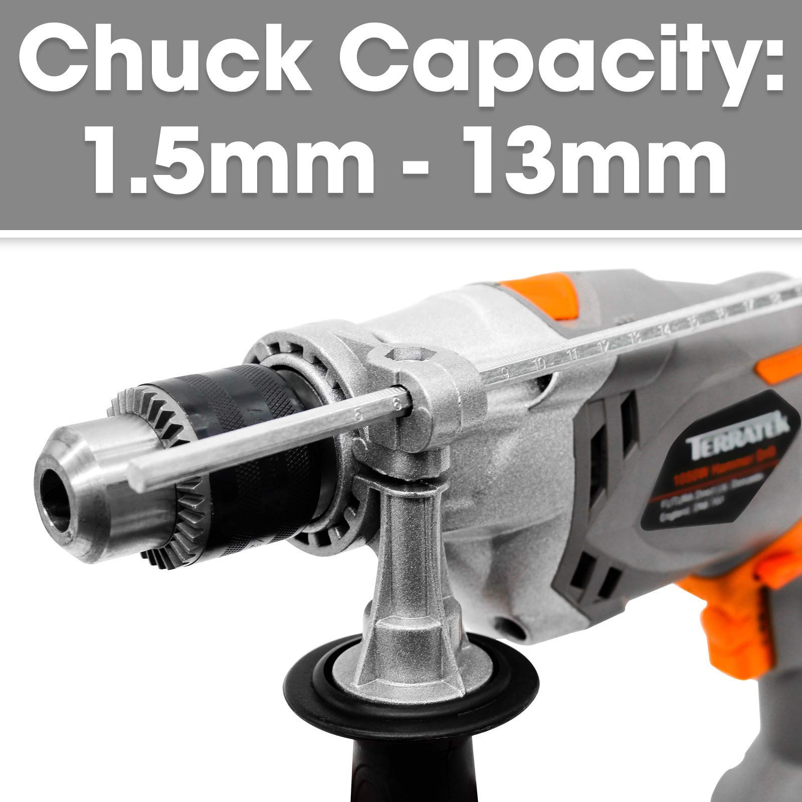 Terratek Corded Hammer Drill 1050W Variable Speed 0-3100RPM, 2 in 1 Hammer Drill & Electric Drill Function for Concrete, Steel & Wood with Auxiliary Handle Included