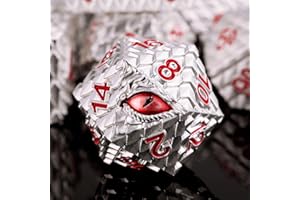 HANDAN Metal Dice Set D&D,7 PCS Dragon Scale Metallic DND Dice Set,Dragon Eye Metal Dice with Gift Metal Box for Dungeons and Dragon Tabletop Game (White Dragon Scale & Red Eye)