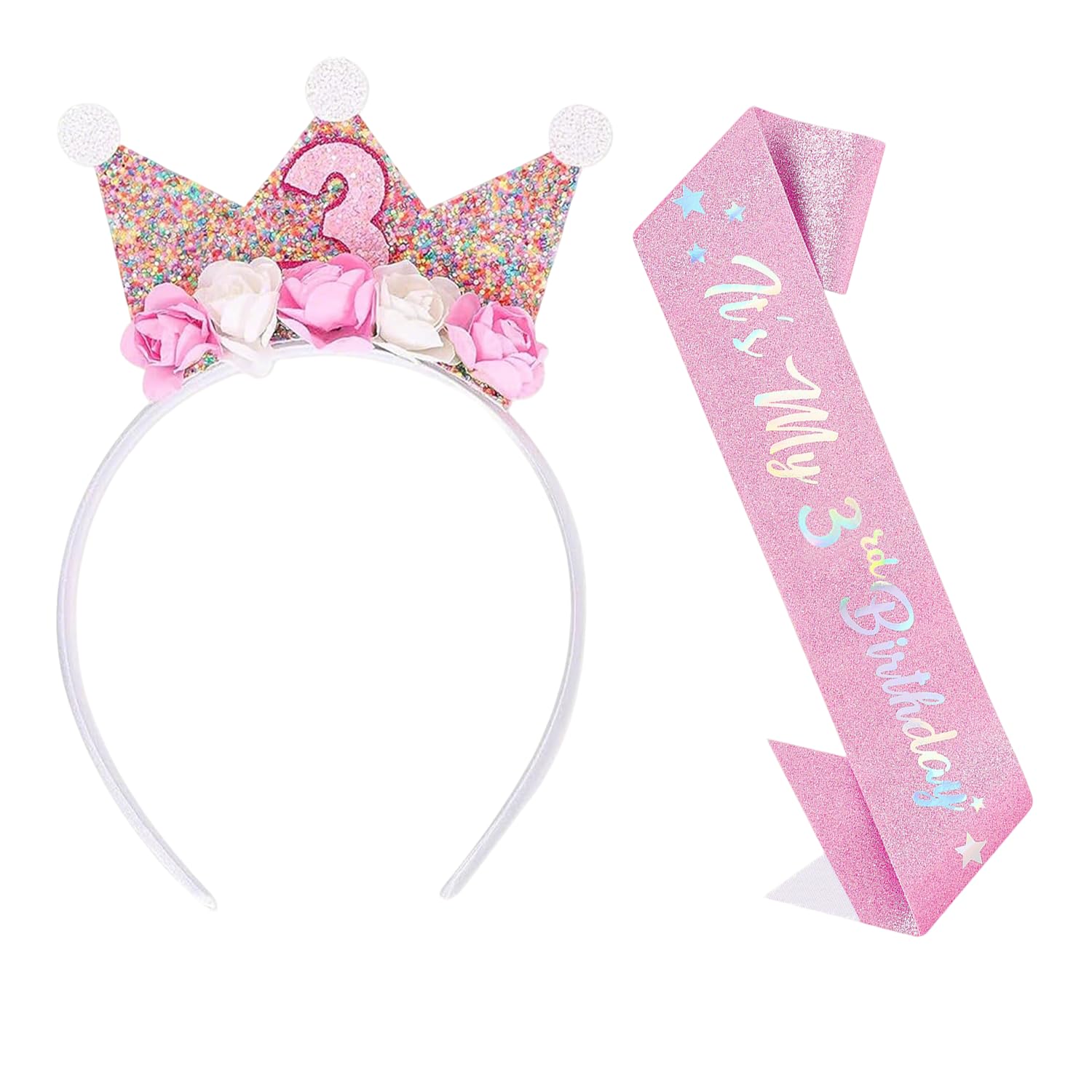 Sztqqing Headband & Glitter Sash Set birthday belt crown For 3 year old girl birthday decoration princess party accessories gifts photo props