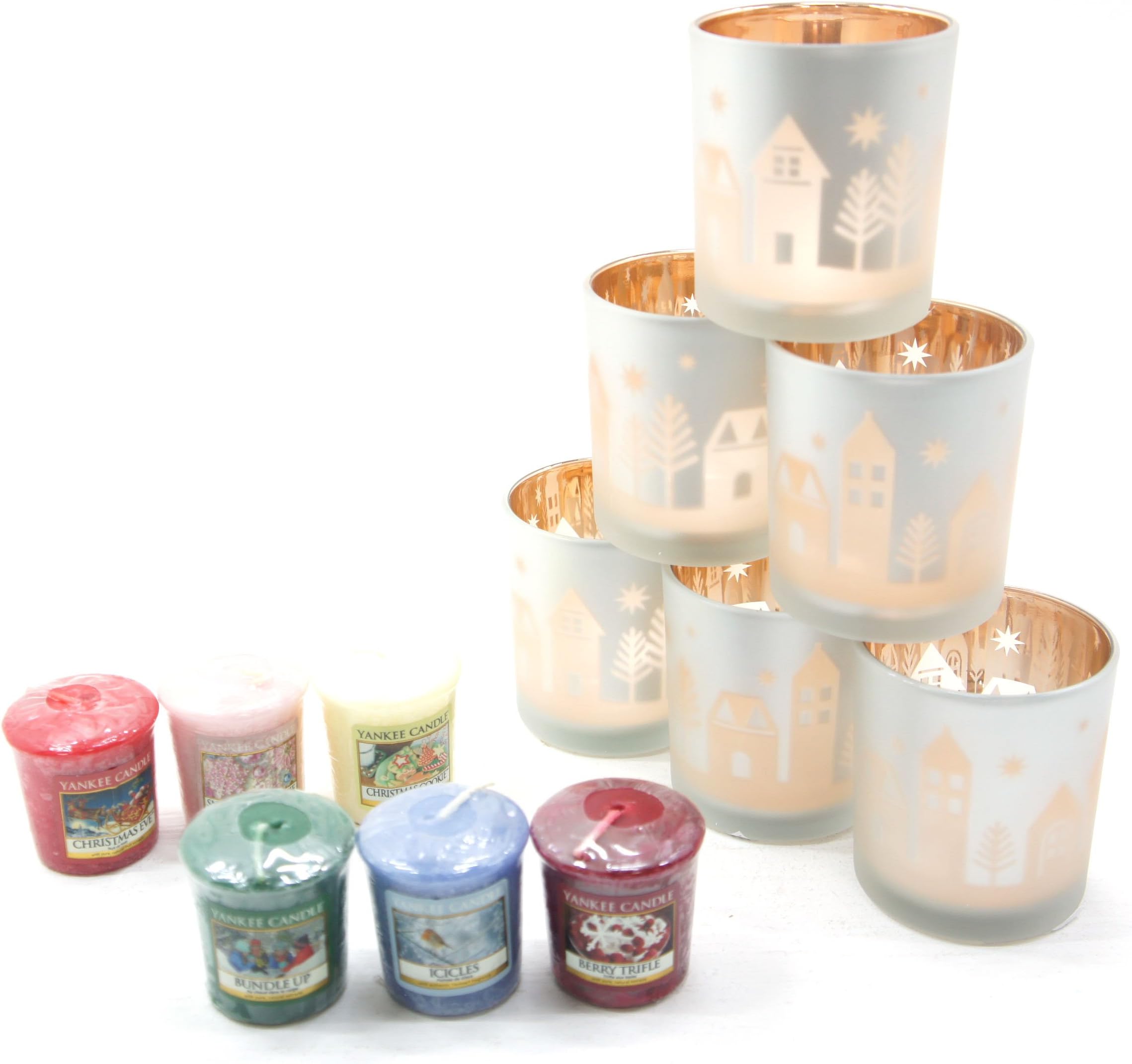 Yankee Candle 6 x Official Winter Village Skyline Festive Season Flicker Glass Votive Holders + 6 Assorted Christmas Fragrance Samplers