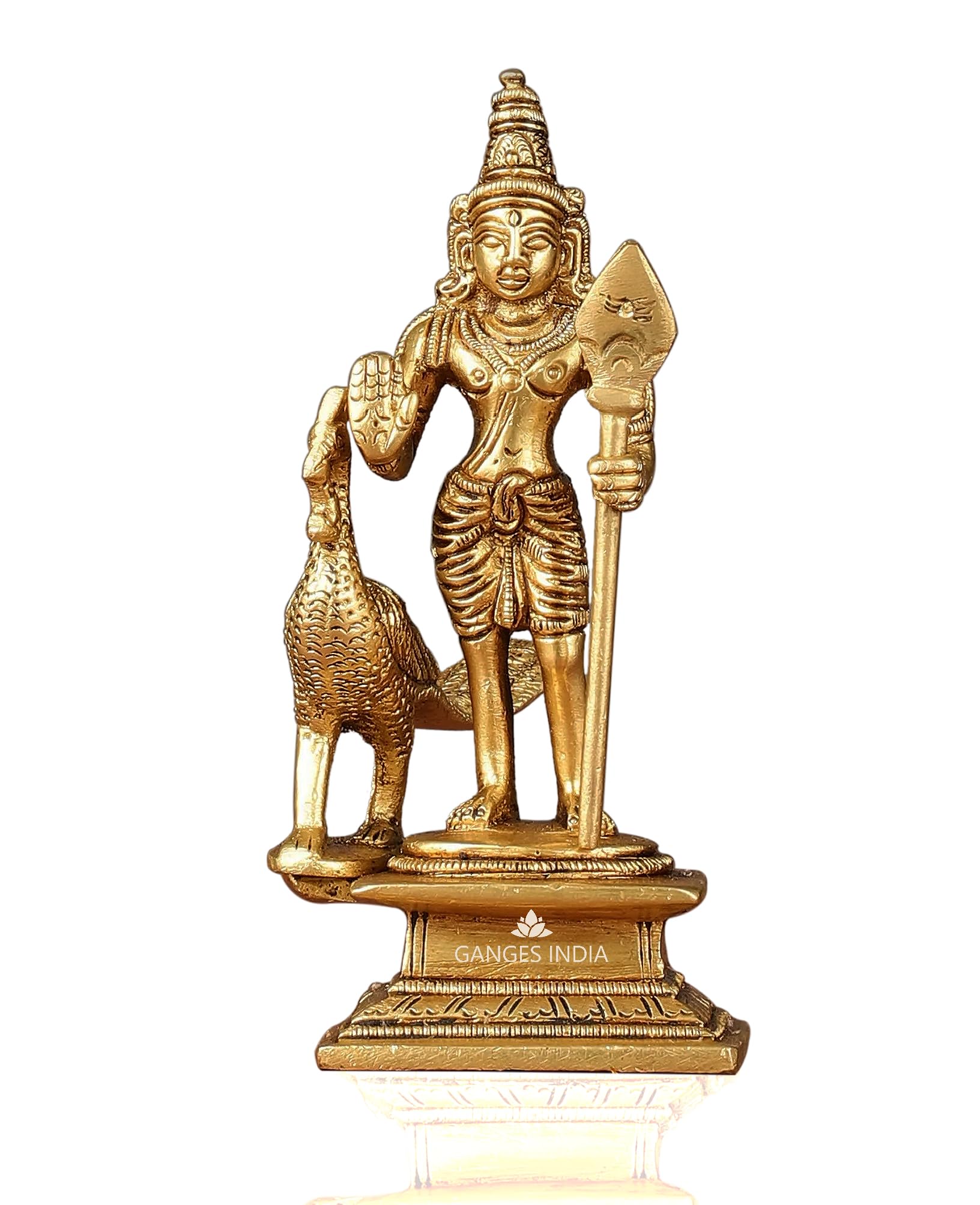 GangesIndia God Murugan Swami Miniature Brass Statue with Peacock, Handcrafted Decor Item for Home, Temple, Gifting & Car, 2.25 x 3 x 4.3 Inches