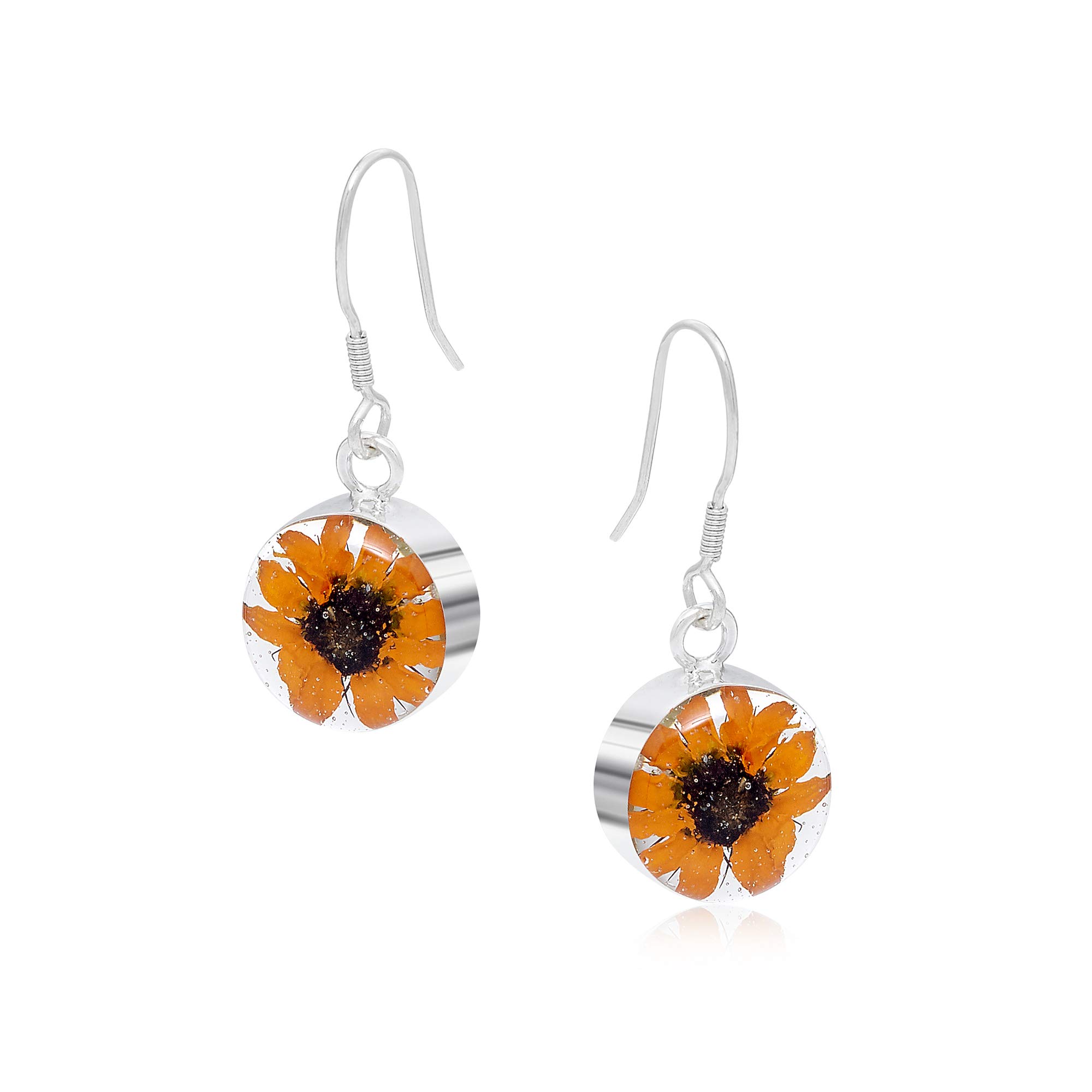 Shrieking Violet 925 Sterling Silver Round Real Flower Drop Earrings - Sunflower (Yellow)