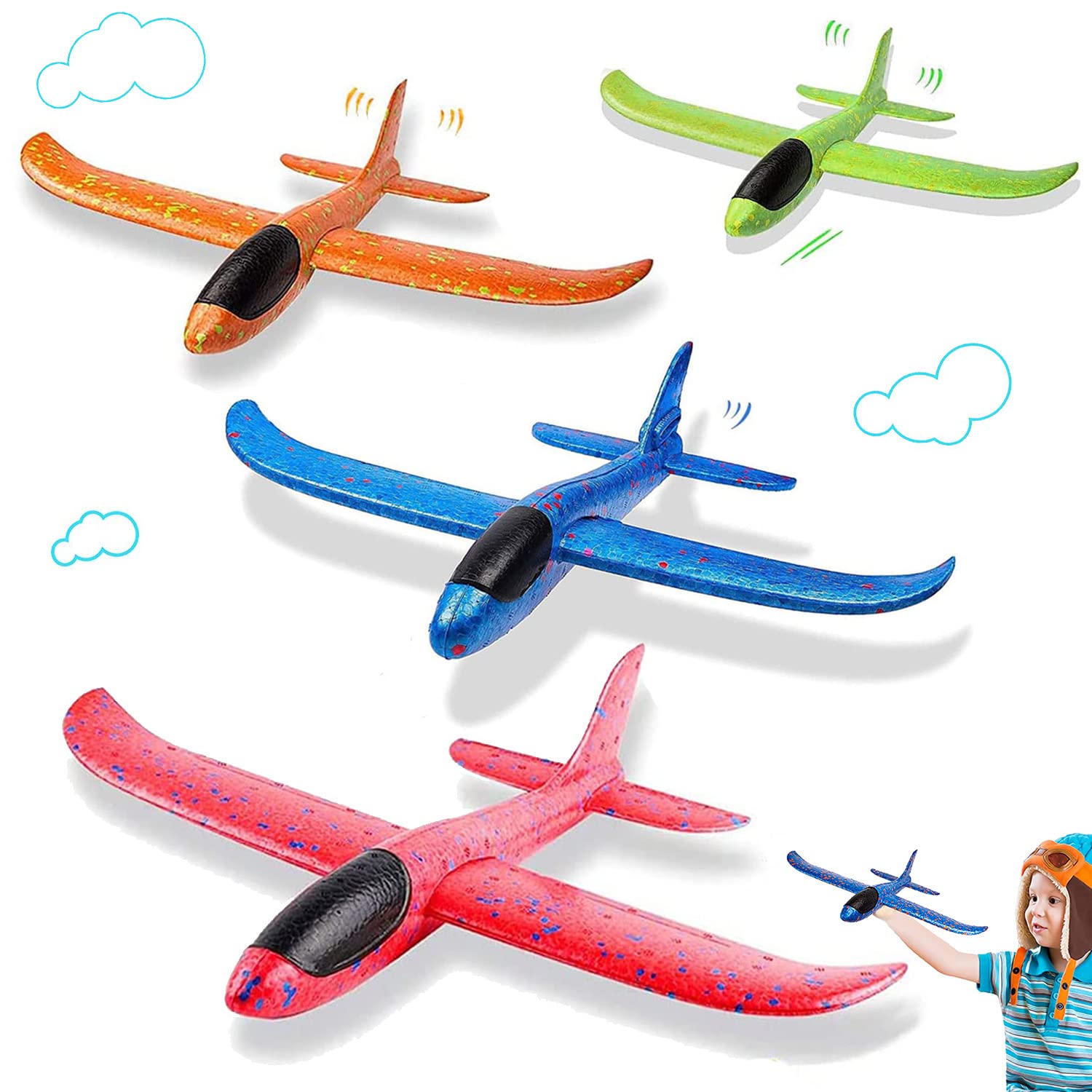 BERUHIGT Pack of 4 Polystyrene Aeroplane Toy, Large, Glider Plane for Children, Manual Throw, Outdoor Sports