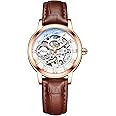 MASTOP Women's Sapphire Watches Automatic Steampunk Self Winding Mechanical Gold Bracelet Ladies Skeleton Wrist Watch Leather Strap for Ladies Famale
