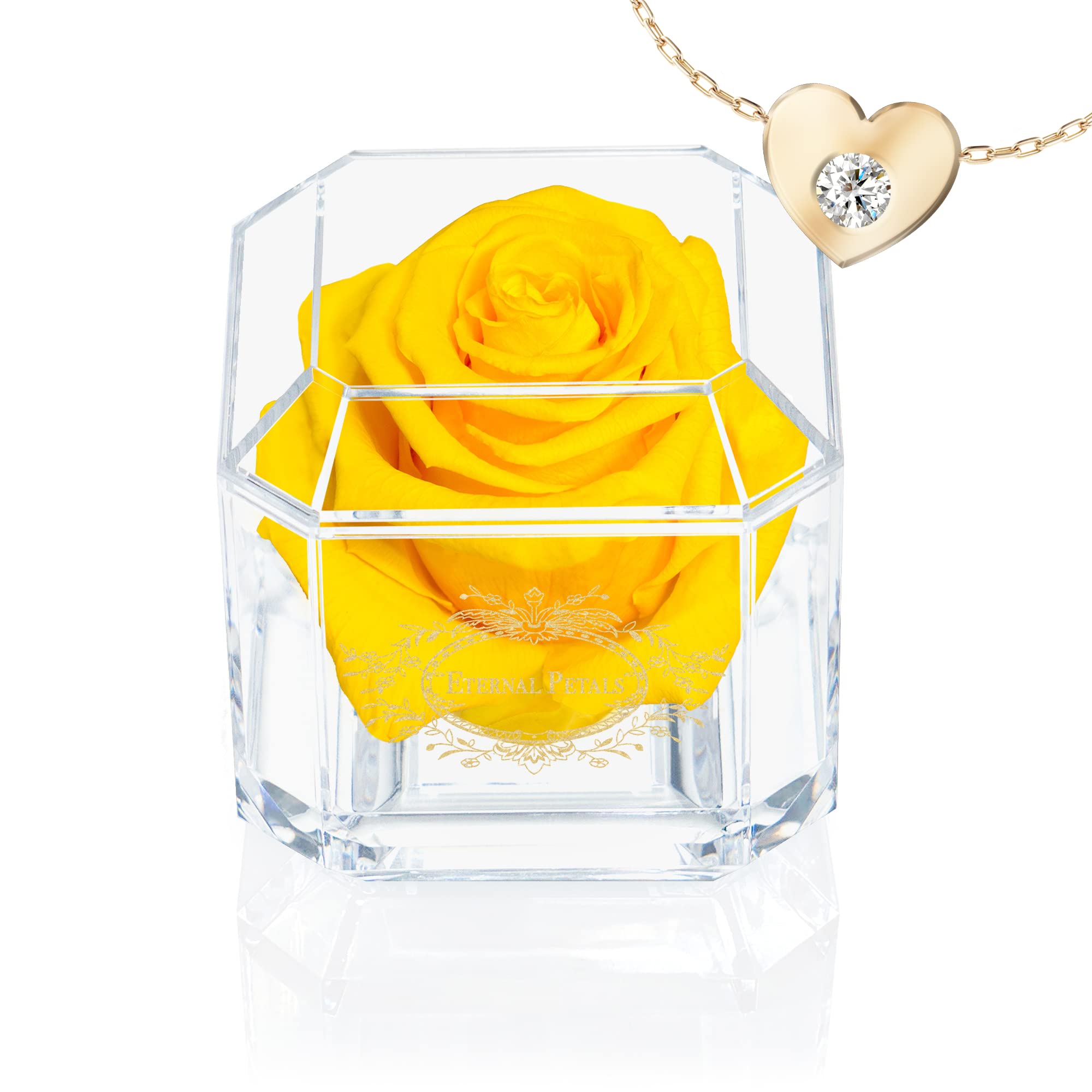 Eternal Petals A Real Rose That Lasts Years, Handmade in UK – Gold Solo with Gift Box, 18 ct Gold plated Heart Necklace with Clear Crystal and Love Message Greeting Card (Yellow)