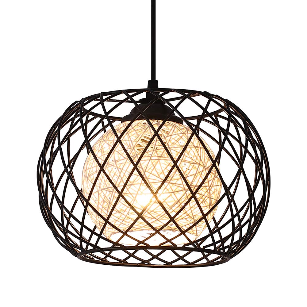 WOWEWA LED Pendant Light, Industrial Ceiling Pendant Light Fixtures Vintage Metal Rattan Lampshade,Ceiling Light Fitting Chandelier Interior for Bedroom Kitchen Restaurant Coffee Bar