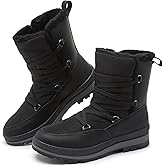 Rominz Women's Winter Snow Boots - Waterproof Black Fur Lined Warm Mid Calf Non-Slip Ankle Boots - White Lace-Up Platform