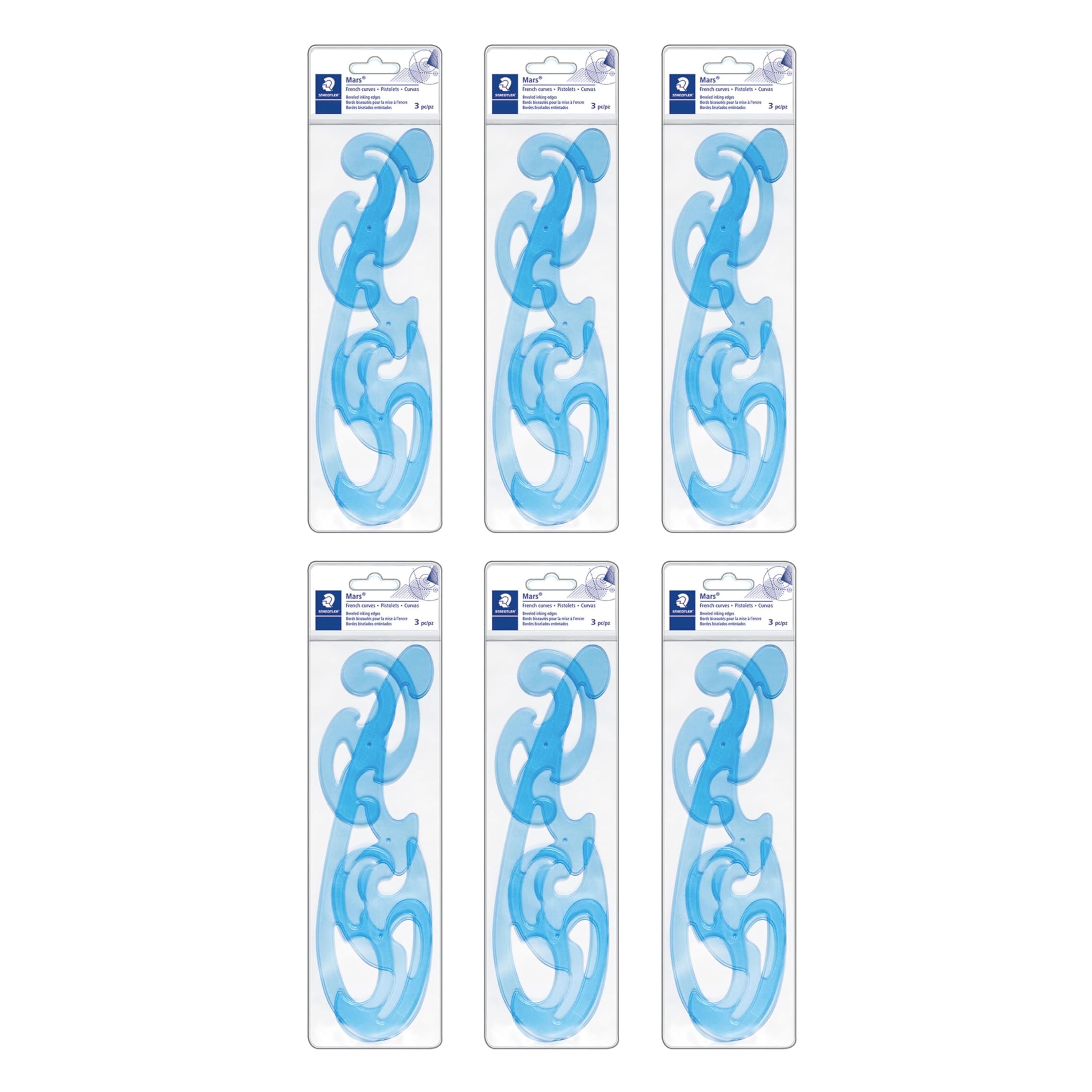 STAEDTLER Mars Professional French Curve Design Ruler Set for Pattern Making 6-Pack (6 Sets of 3 pcs), 3 Essential A B C Shapes, Blue Transparent Plastic with Inking Edge, 18 Count Image