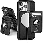 SkyEagle Compatible with MagSafe iPhone 16 Pro Case Wallet with AirTag Holder,2 in 1 PU Leather Magnetic Detachable RFID Blocking Credit Card Holder Flip Cover Kickstand for Men Women,Black