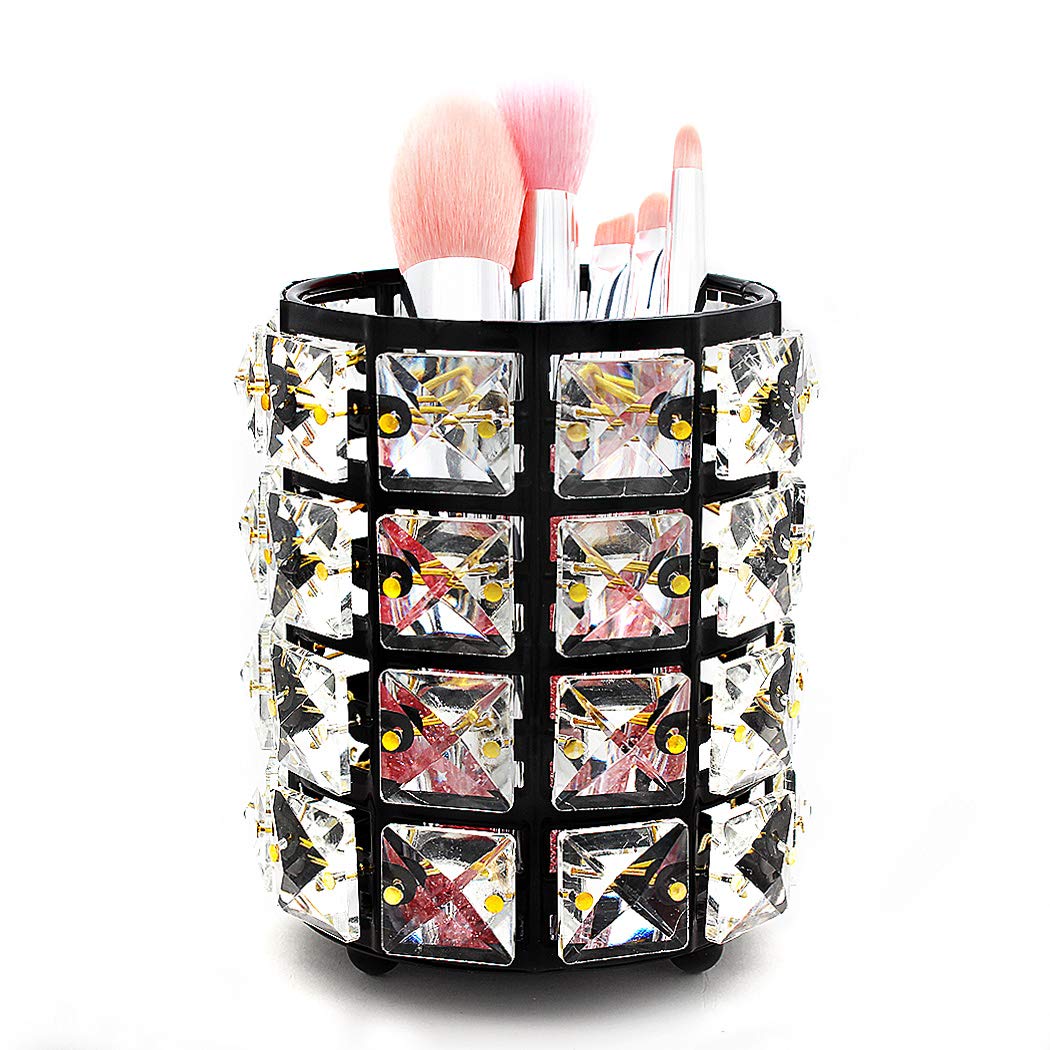 SIPLIV Makeup Brush Holders Pen Holder Handcrafted Crystal Eyebrow Pencil Pen Collection Cosmetic Storage for Vanity Bathroom Office Desk Organizer - Round, Black