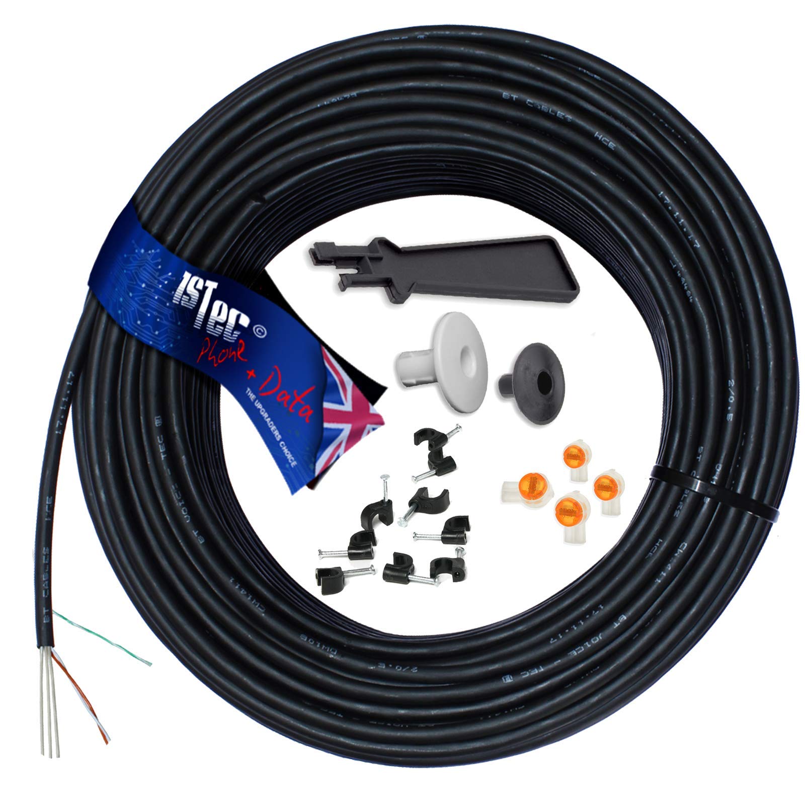 1STec 10m Roll of Genuine BT CW1415 Dropwire 11 Overhead Single 1 Pair Telephone Drop Wire Down Lead kit with 2 Cable Entry Grommets 4 Joining Gel Crimps + Clips and IDC Insertion Tool (10 Metre)