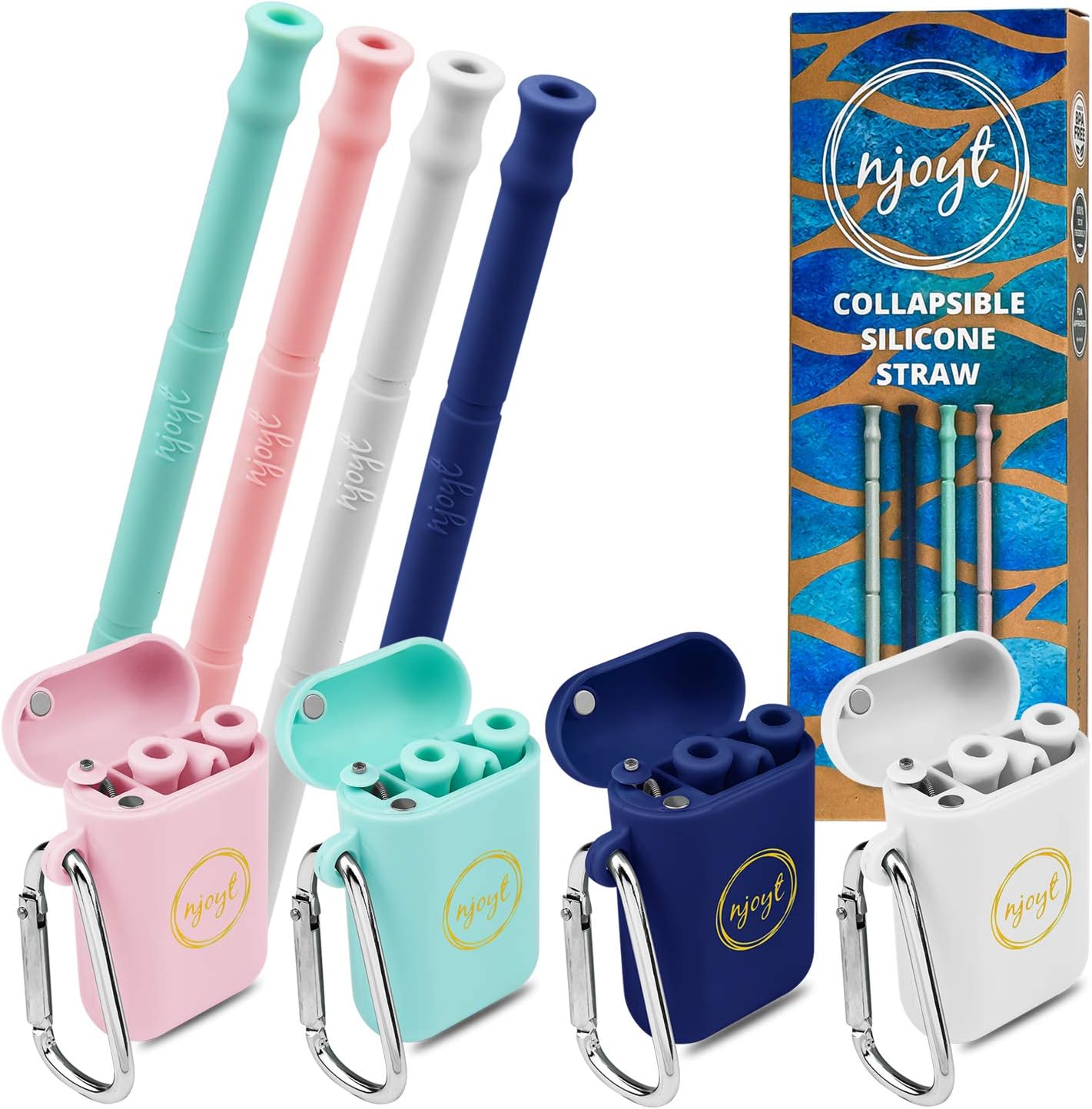 Collapsible Reusable Straws – Portable Drinking Silicone Straw With Case, Cleaning Brush & Keychain - Smoothie BPA-Free Foldable Drinking Straws For Hot & Cold Drinks - 2 Pack Available (4 Set)