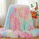 Plush Super Soft Blanket Colorful Bedding Sofa Cover Furry Fuzzy Fur Warm Throw Qulit Cozy Couch Blanket for Winter (63"x79", Rainbow)