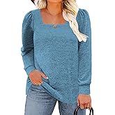 ROSRISS Plus-Size-Tops for Women Long Sleeve Casual Tunics Square Neck Shirts XL-5XL