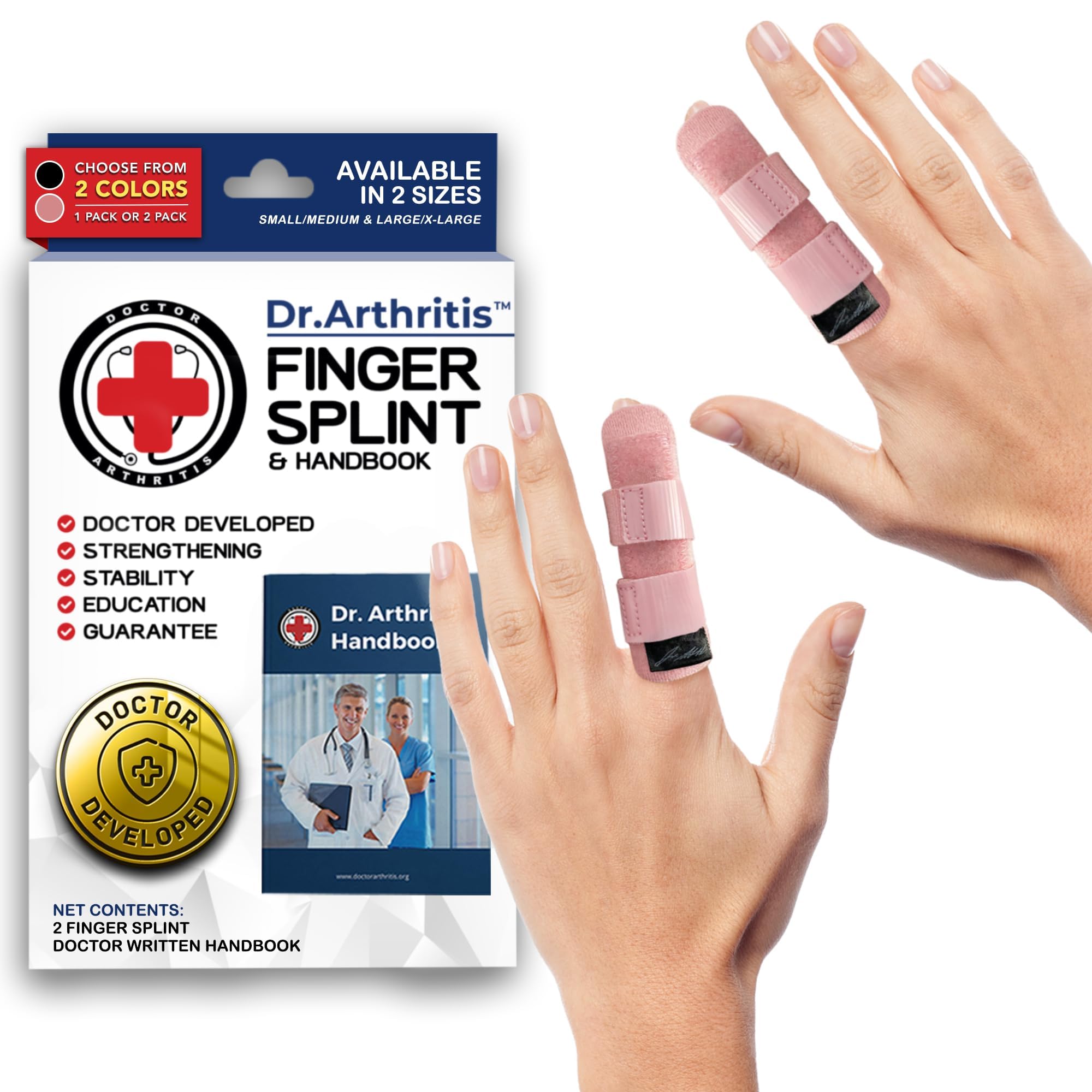Dr.Arthritis Doctor Developed Finger Splint Trigger Finger Brace & Doctor Handbook- Braces, Splints & Supports Index, Middle, Ring & Pinky Finger - Padded Finger Splints (Pink, S/M, 2 Pack)
