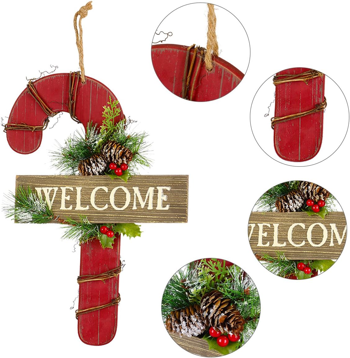 “New Brand"Joy-Leo Wooden Welcome Home Decorative Sign / Christmas Decoration, Welcome Sign Plaque, Christmas Candy Cane with Welcome and Pinecones【Set of 1, Reusable】