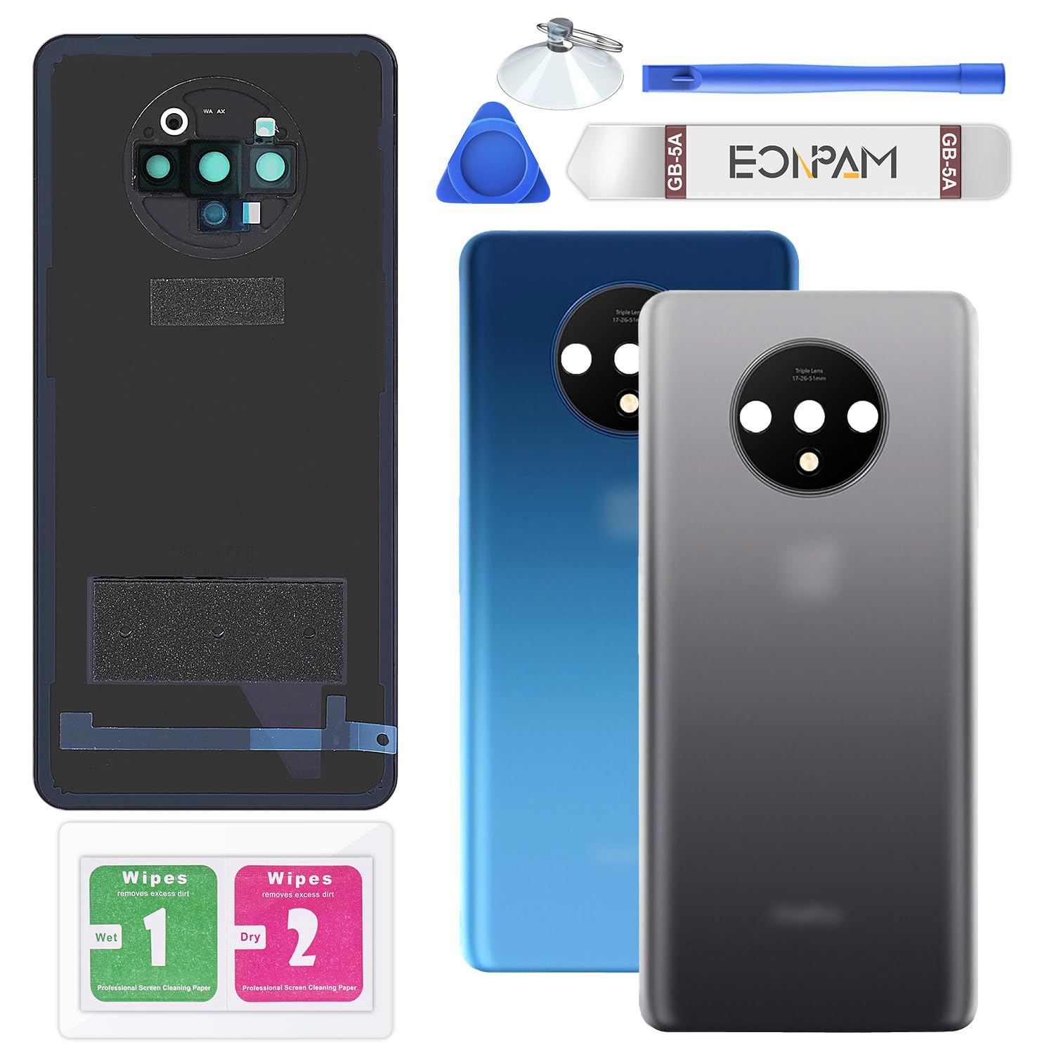 Eonpam Back Cover Glass for OnePlus 7T Rear Glass Replacement with Camera Lens + Repair Kit Genuine Rear Housing (Silver)