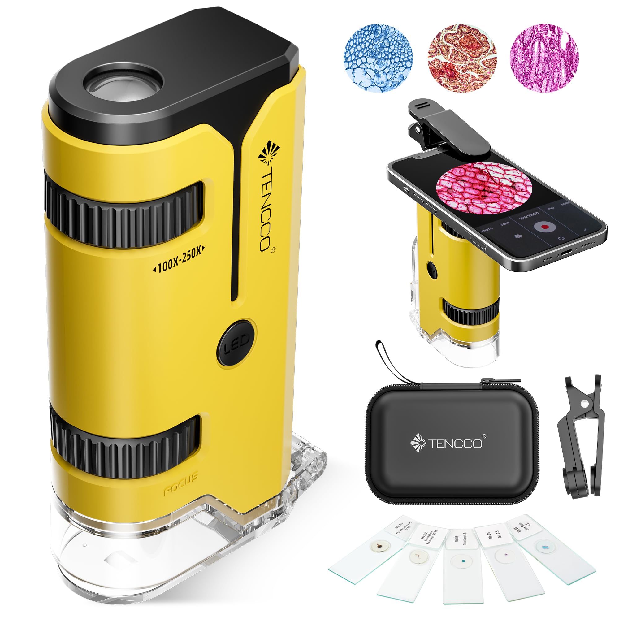 Photo 1 of 100x-250x Pocket Microscope for Kids Adults, Protable Handheld Miniscope, Mini Microscope Kit for Kids Adults Home School Lab Biology Science Education, Yellow