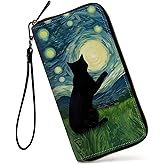 GFRGTFHYT Womens Wallet, Large Capacity RFID Blocking PU Leather Wristlet Wallets for Women Ladies Men Credit Card Holder Zipper Wallet Phone Holder Clutch Travel Purse, Art Black Cat