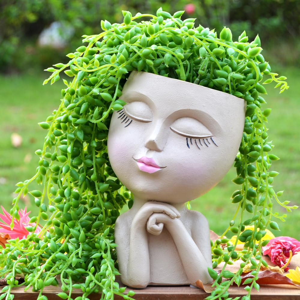 Photo 1 of Face Head Planter, Funny Heads Plant Pots, Cute Girl Faces Plant Pot, Decorative Flower Pots, Cute Succulent Pots with Drainage for Home Garden Decor, Plant Lover's Gifts for Women (7" Khaki)