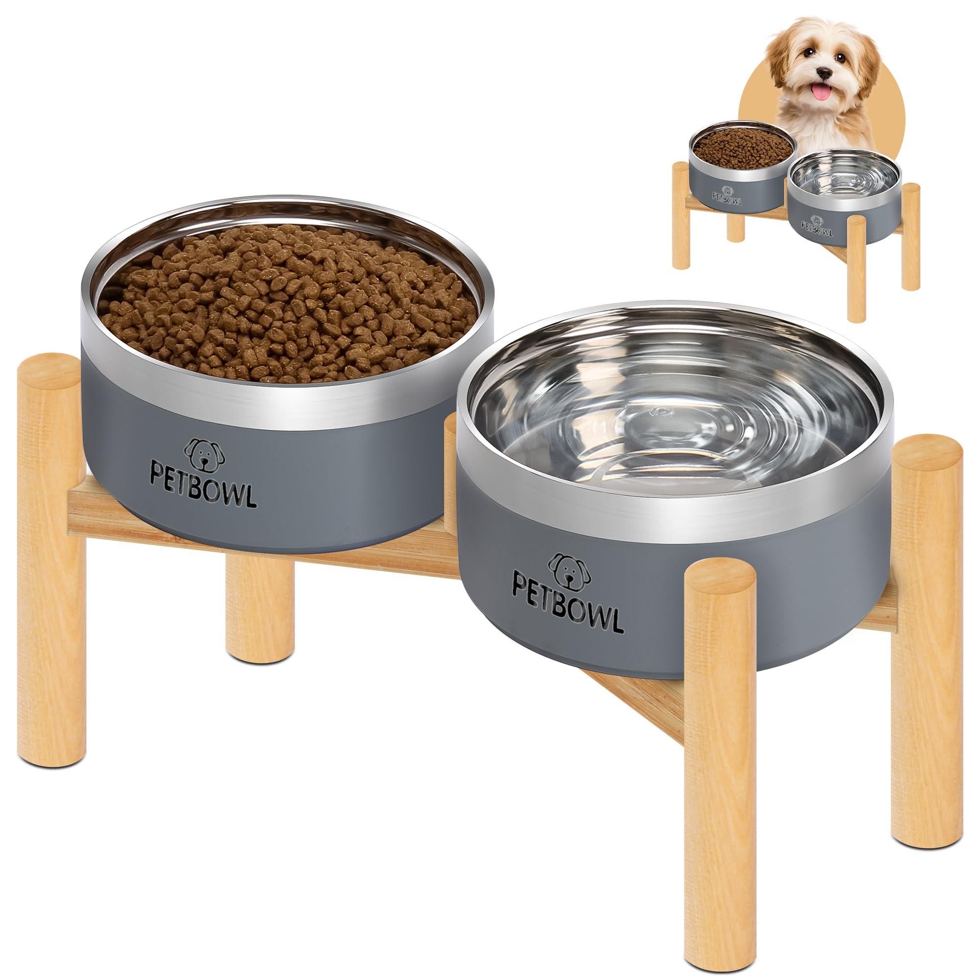 Photo 1 of UPSKY Elevated Dog Bowls – 27oz Stainless Steel Anti-Spill Set with Wooden Stand, Double Raised Bowls for Small Dogs/Cats to Reduce Neck Strain & Improve Digestion