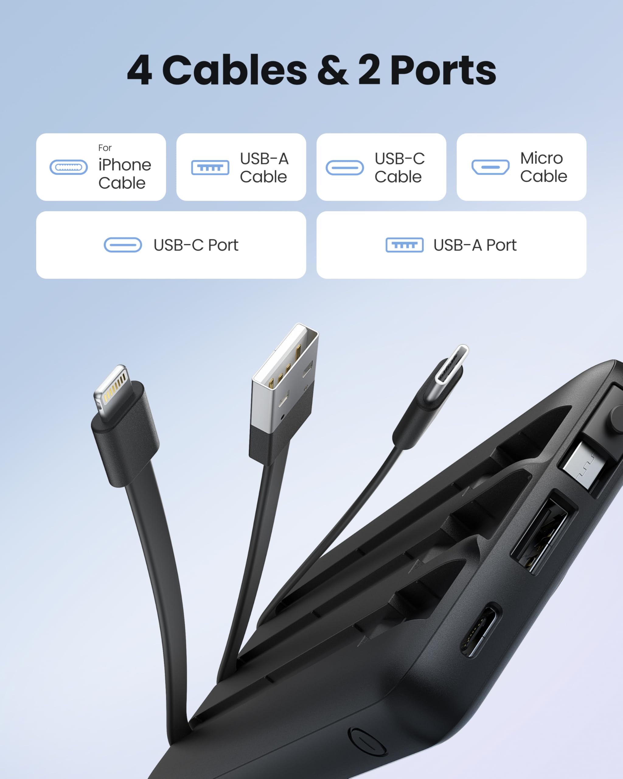 Coowisty Power Bank mit Ladekabel, 10000mAh Tragbares Ladegerät USB C, 5 Ausgänge 2 Eingänge LED Display Externe Akkupack für Handys,Kompatibel mit iPhone, Samsung, Huawei und mehr (Schwarz) 3