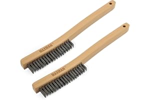 MAXMAN Wire Brush,Heavy Duty Carbon Steel Wire Scratch Brush for Cleaning Rust with 14" Long Curved Beechwood Handle,Large