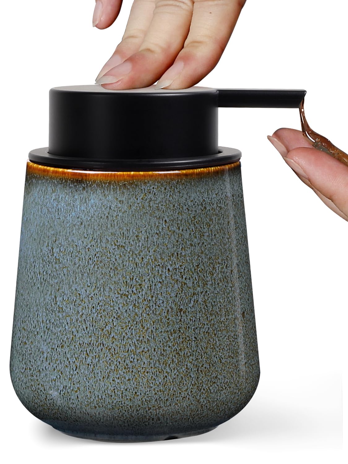 Photo 1 of INGOFIN Ceramic Lotion Dispenser - 12 oz Refillable Hand Soap Dispenser Bathroom, Modern Liquid Dispenser with Pump, Dish Soap Dispenser for Kitchen,Kiln-Glazed Blue Green