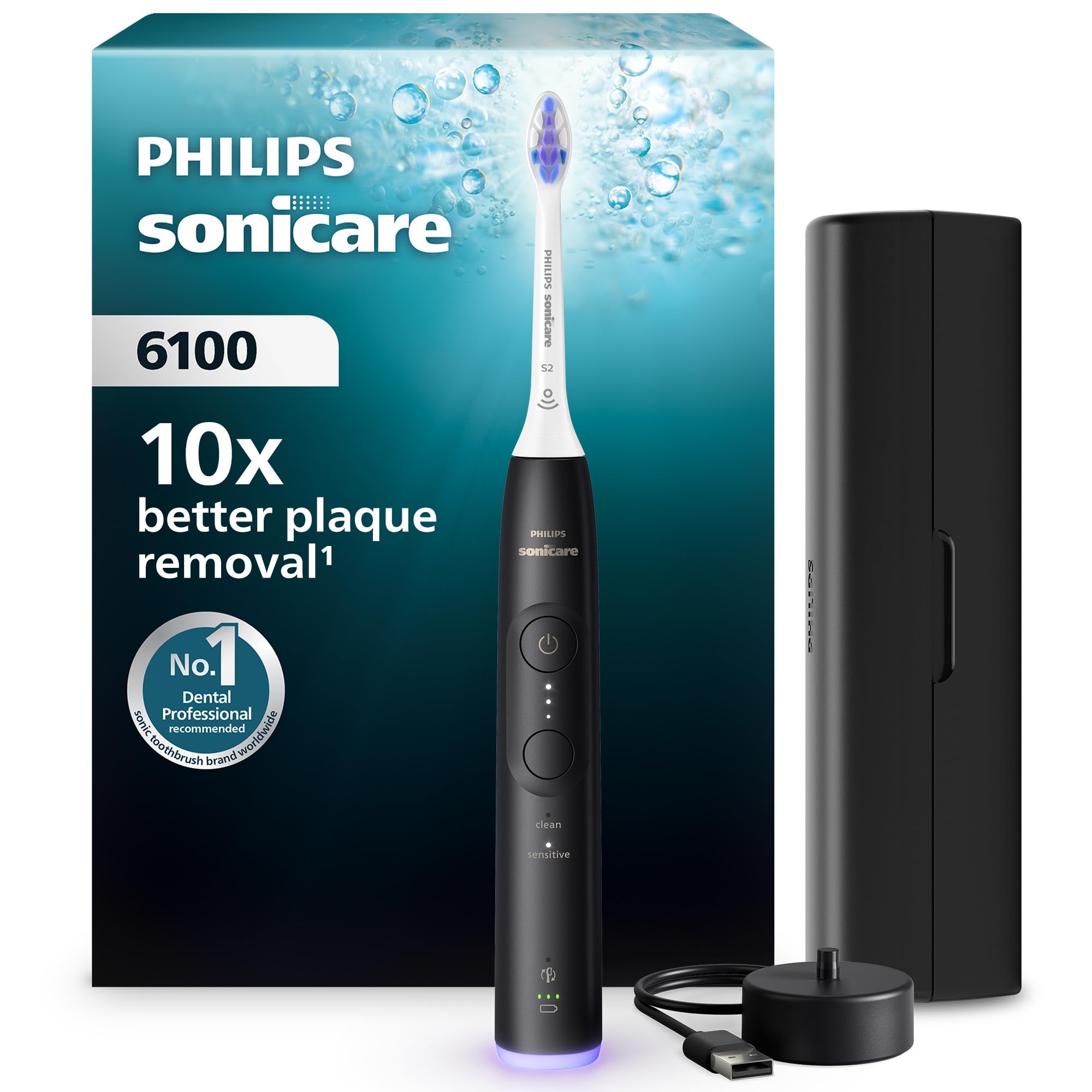 Philips Sonicare 6100 elektrische Zahnbürste, Schallzahnbürste mit 2 Putzmodi und 3 Intensitätsstufen, Andruckkontrolle, EasyStart, SmarTimer, Schwarz, Modell HX7401/07 [Neue Technologie]