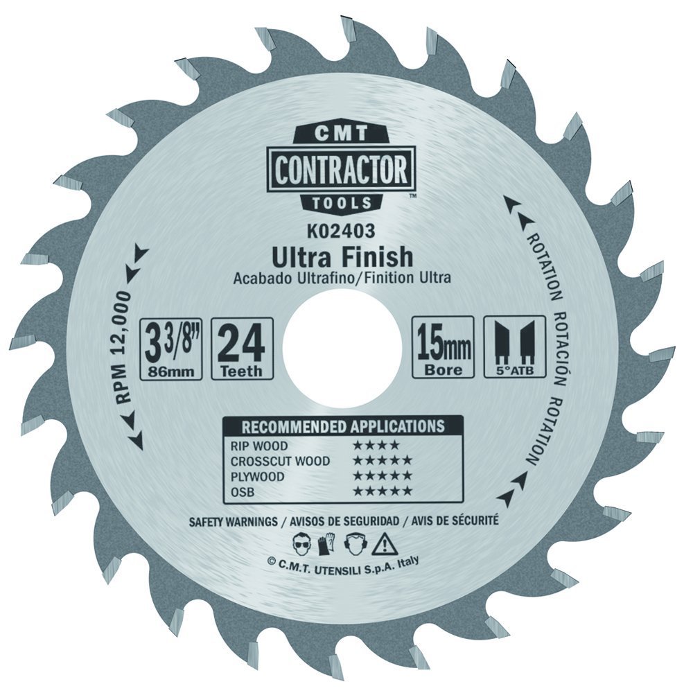 CMT K02403 ITK Contractor Ultra Finish Saw Blade and 3-3/8 X 24 Teeth, 5-Degree ATB with 15mm Bore