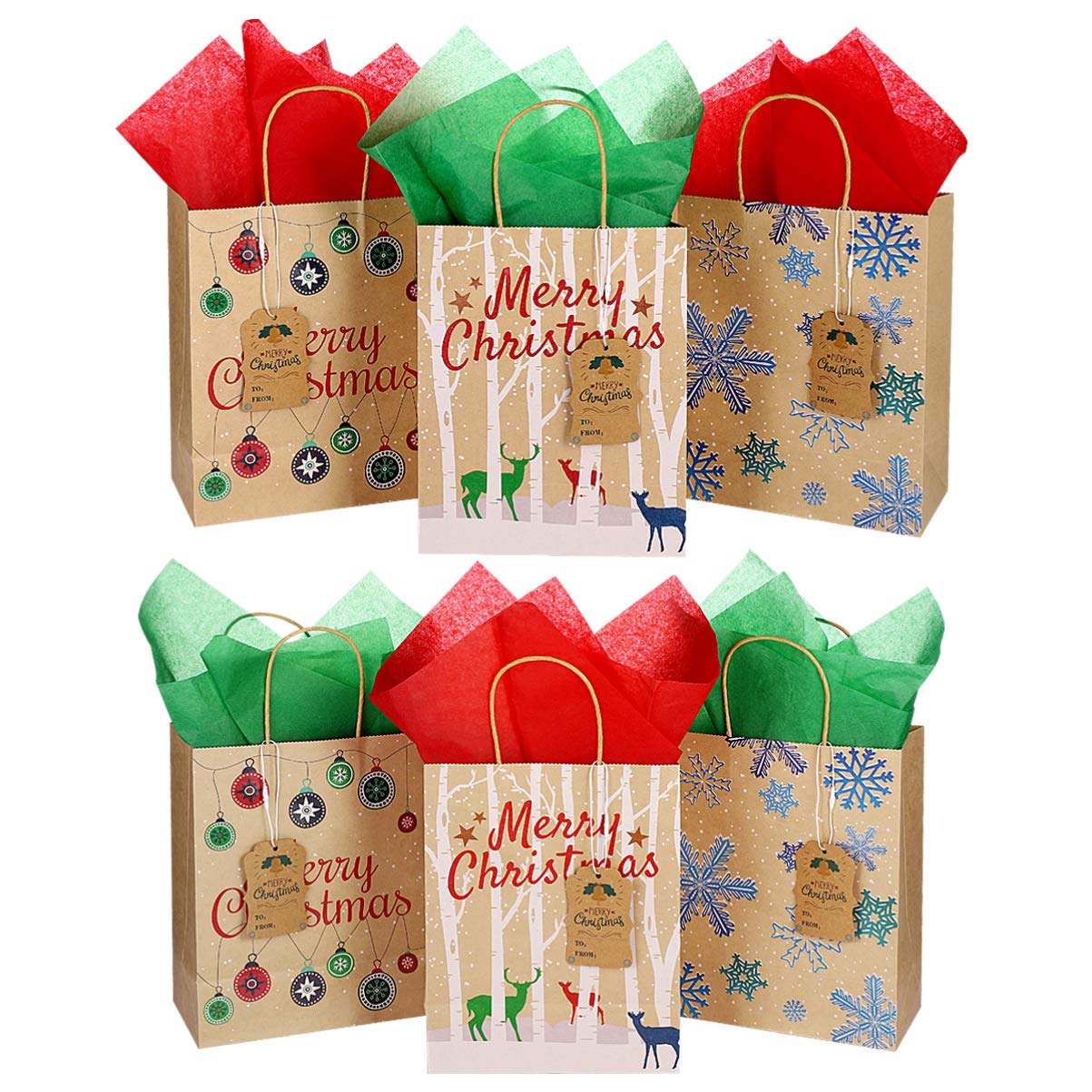PRETYZOOM 6pcs Christmas Kraft Bags with Handles Xmas Bags Kraft Holiday School Birthday Christmas Party Favors