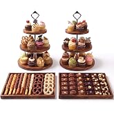 4 PCS Wood Cake Stand Set with 2 Pack 3 Tiered Dessert Display Stands &amp; 2 Serving Trays, Rustic Dessert Table Display Set for Wedding, Baby Shower, Birthday, Tea Party, Farmhouse Decor